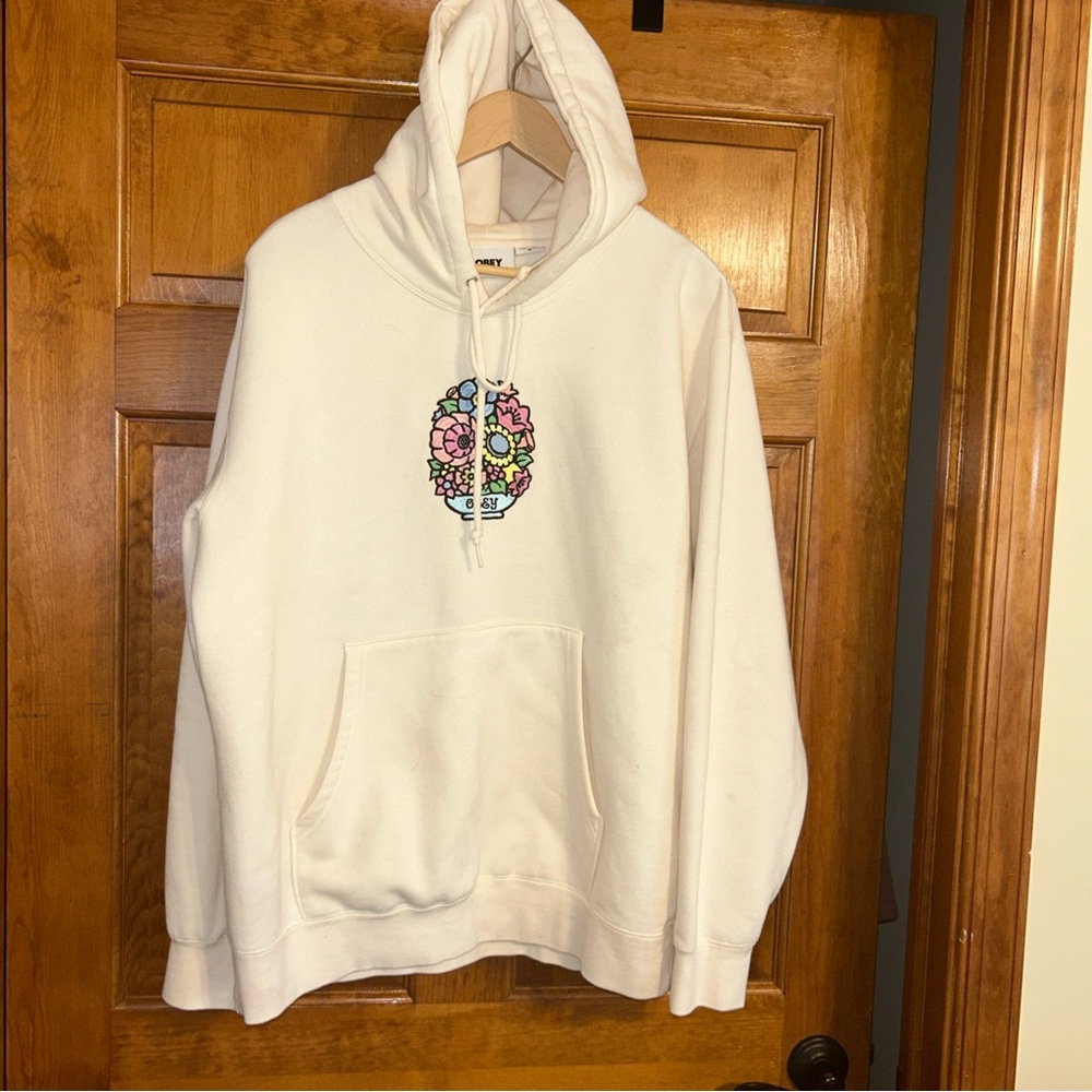 Obey Cream Embroidered Floral Bouquet Graphic Kangaroo pocket Hoodie Sz M-NWOTS